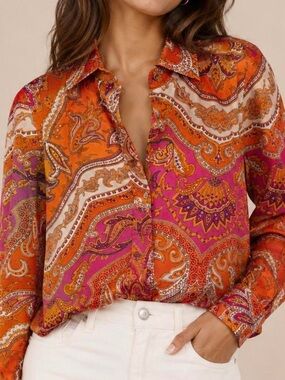 Talbots Paisley Button Up Blouse M Orange Pink Boho Y2K